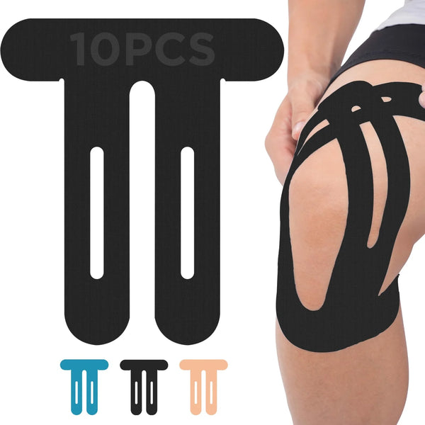 A pack of ten kinesiology tape strips for knee pain relief shown next to a person's leg.