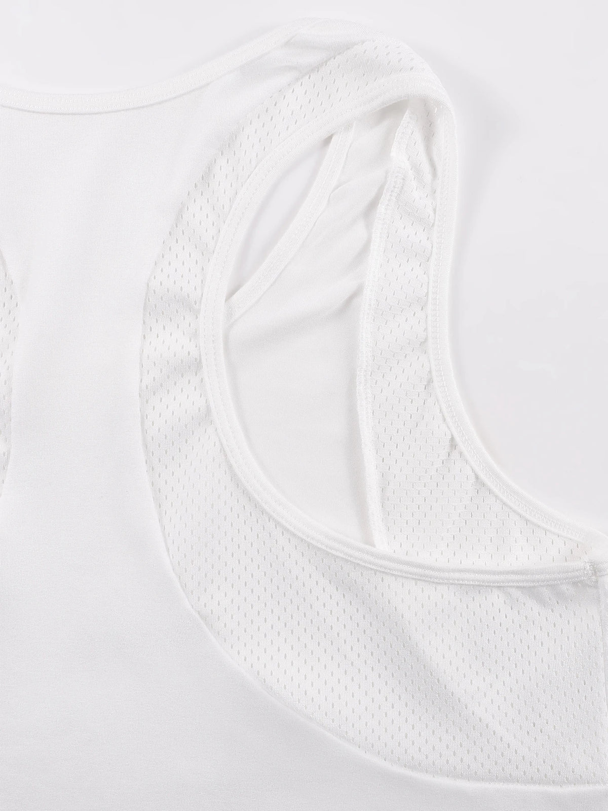 White women's breathable sport tank top shown from the side.