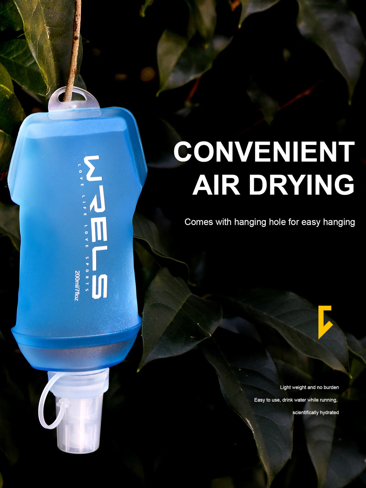 A blue reusable water bottle with a hanging hole is shown against a dark green leaf background.