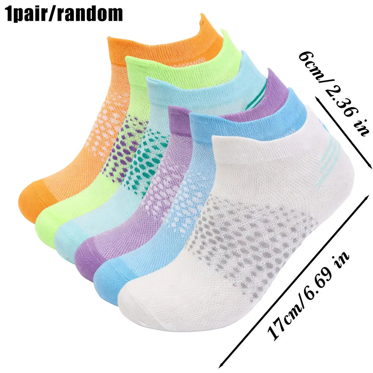 A stack of 12 pairs of colorful breathable mesh ankle socks shown in various pastel shades and patterns.