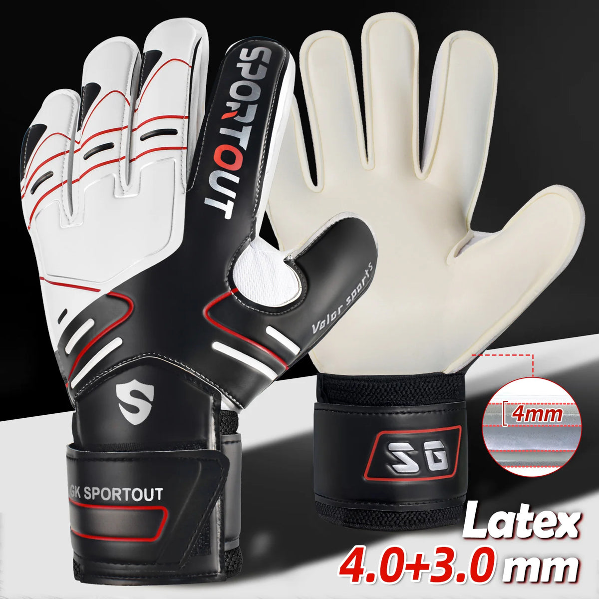 Un par de guantes de portero de látex negro y blanco con indicador de medida.