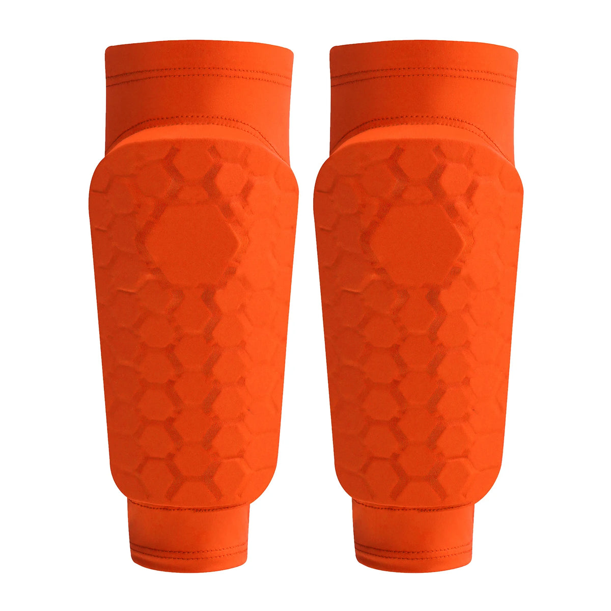 Pair of bright orange lightweight soccer shin guards for calf protection