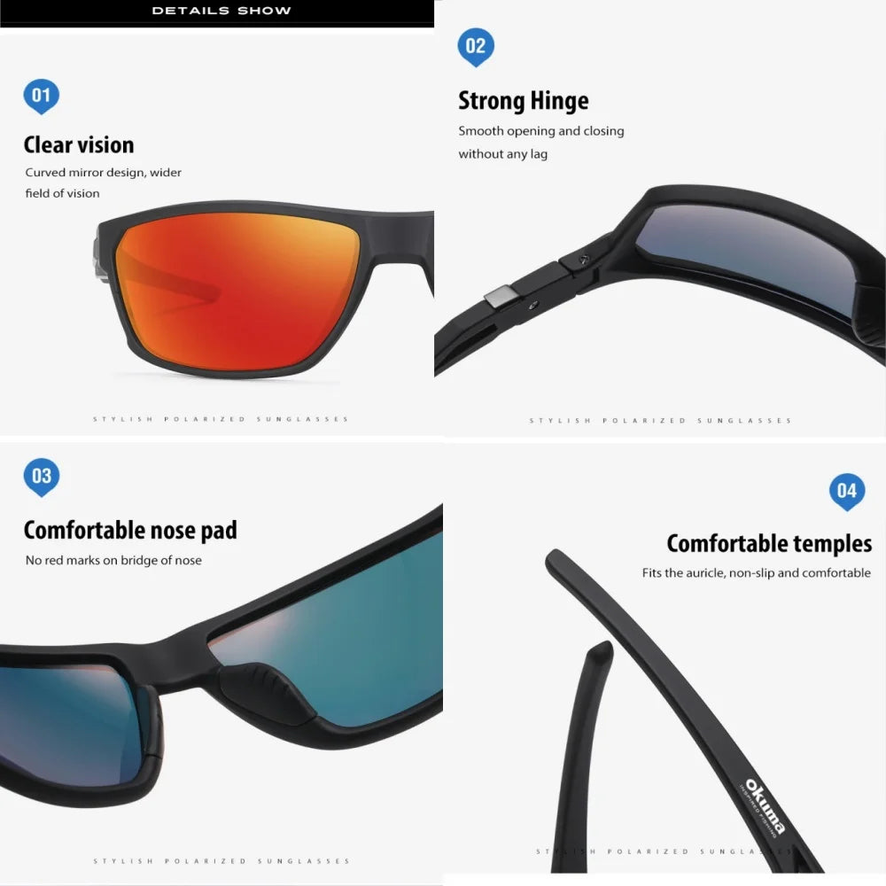 Details show a polarized sports sunglass with a clear vision lens, strong hinge, comfortable nose pad, and flexible temples.