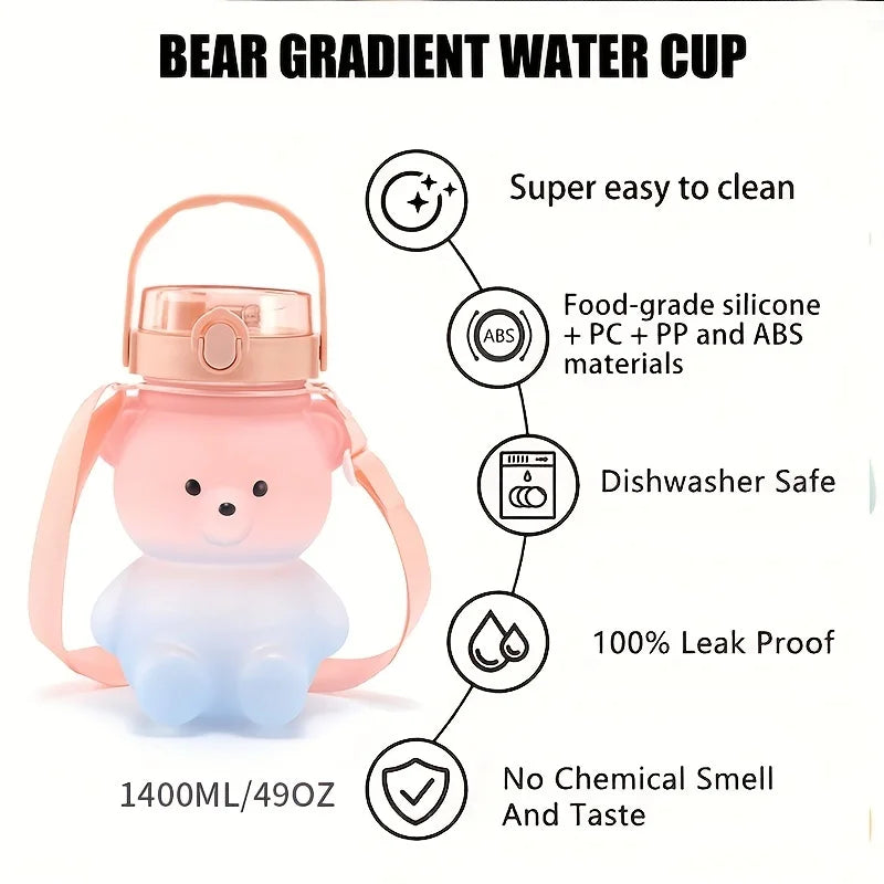 A pink bear gradient water cup with a strap, made from food-grade silicone and plastic materials.