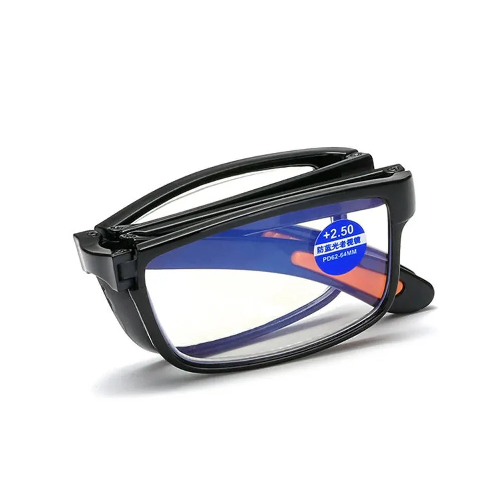 Black folding reading glasses with blue anti-blue light protection lens