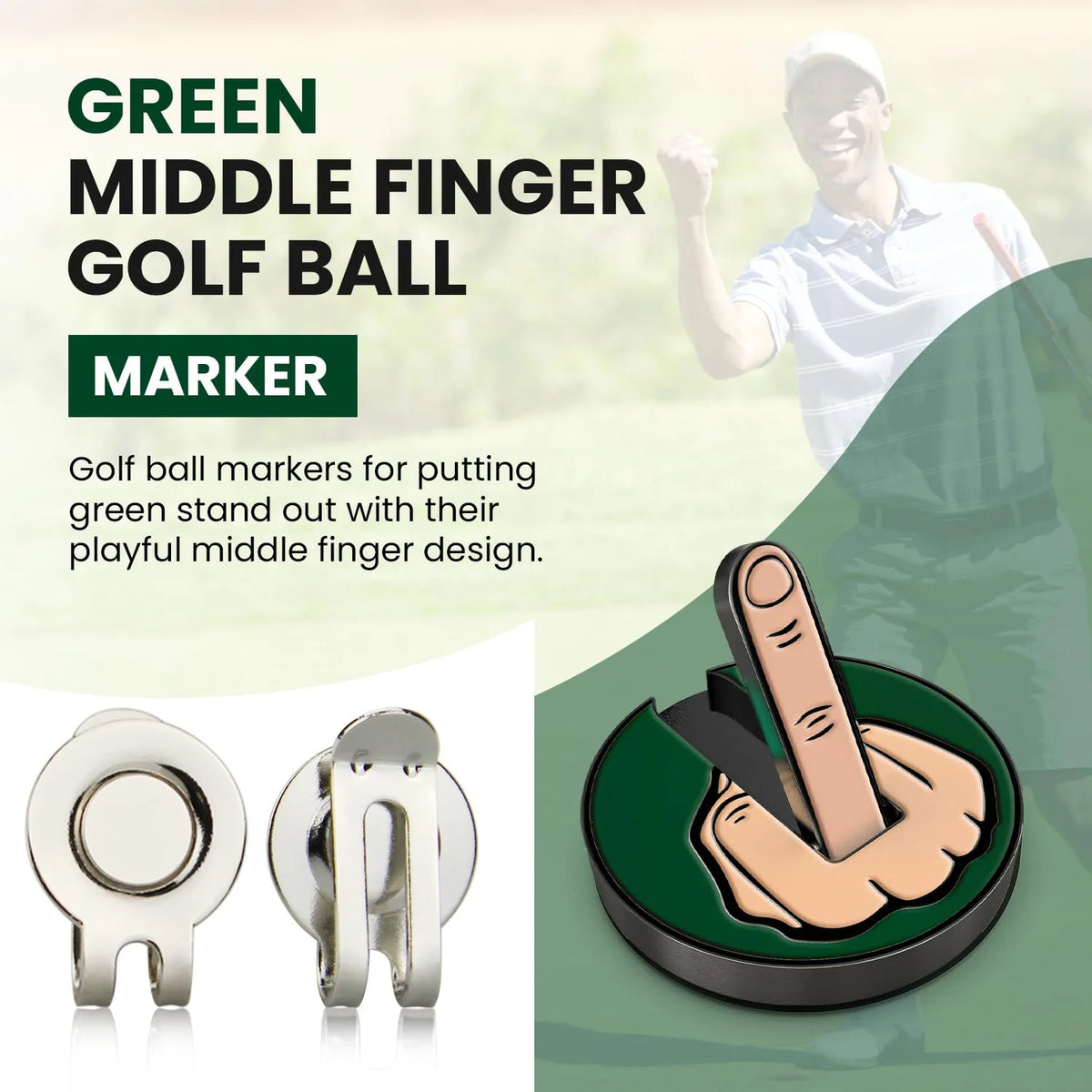 Primer plano de un clip marcador de pelota de golf verde en una mano y una superficie verde.