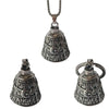 Silver pendant of a motorcycle guardian bell with an angel design