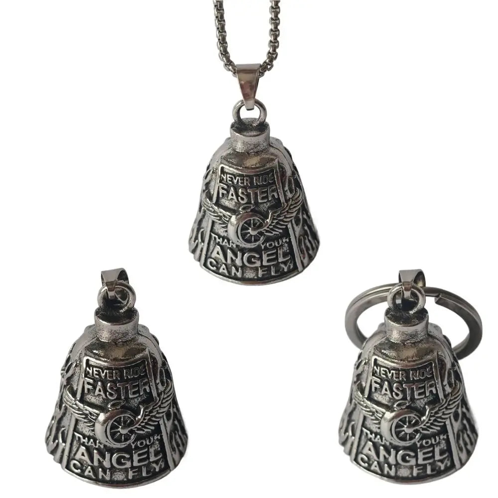 Silver pendant of a motorcycle guardian bell with an angel design