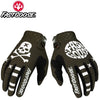 A pair of dark olive green FastGoose cycling gloves with white stripes and skull designs.