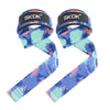 Pair of blue and pink patterned gym weightlifting straps with black wrist wraps