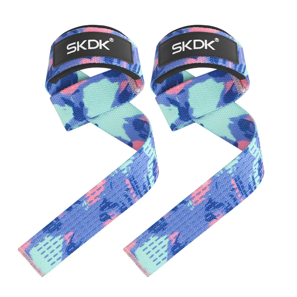 Pair of blue and pink patterned gym weightlifting straps with black wrist wraps