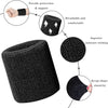A black knitted wristband shown with various features like protection, support, and moisture-wicking.