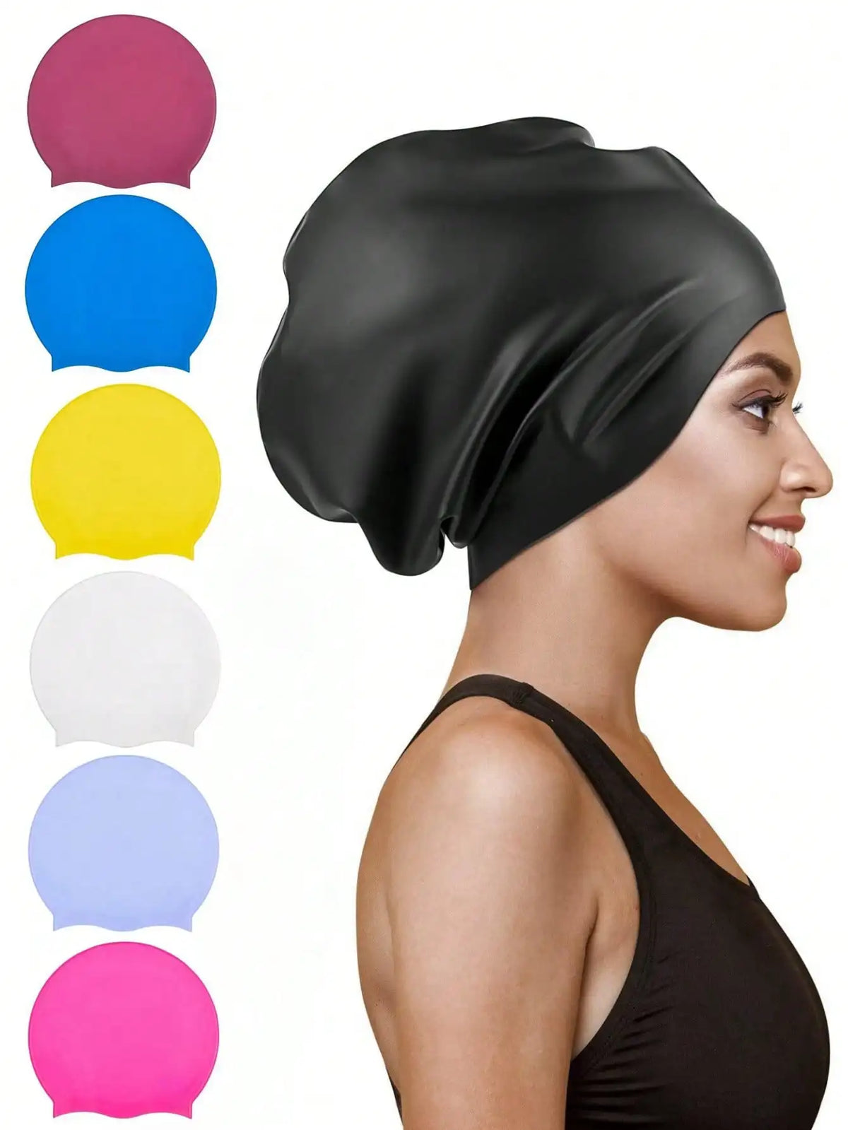 A woman wearing a black silicone swim cap, with various colored caps displayed beside it.
