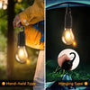 Two types of USB rechargeable LED camping lanterns shown: a hand-held type and a hanging type.