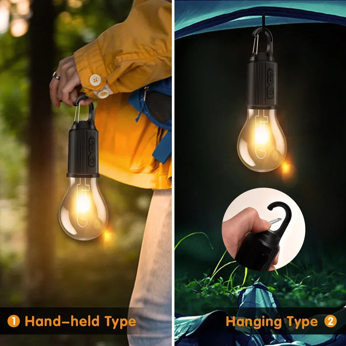 Two types of USB rechargeable LED camping lanterns shown: a hand-held type and a hanging type.