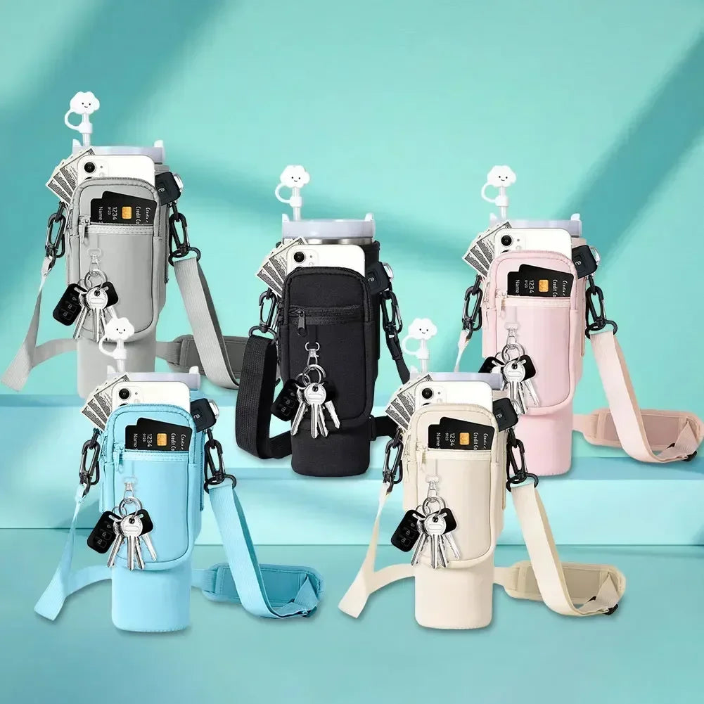 A collection of neoprene water bottle carrier bags in various colors, including gray, black, pink, and blue, displayed agains