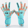 Pair of bright blue goalkeeper gloves with orange accents and Defigo branding