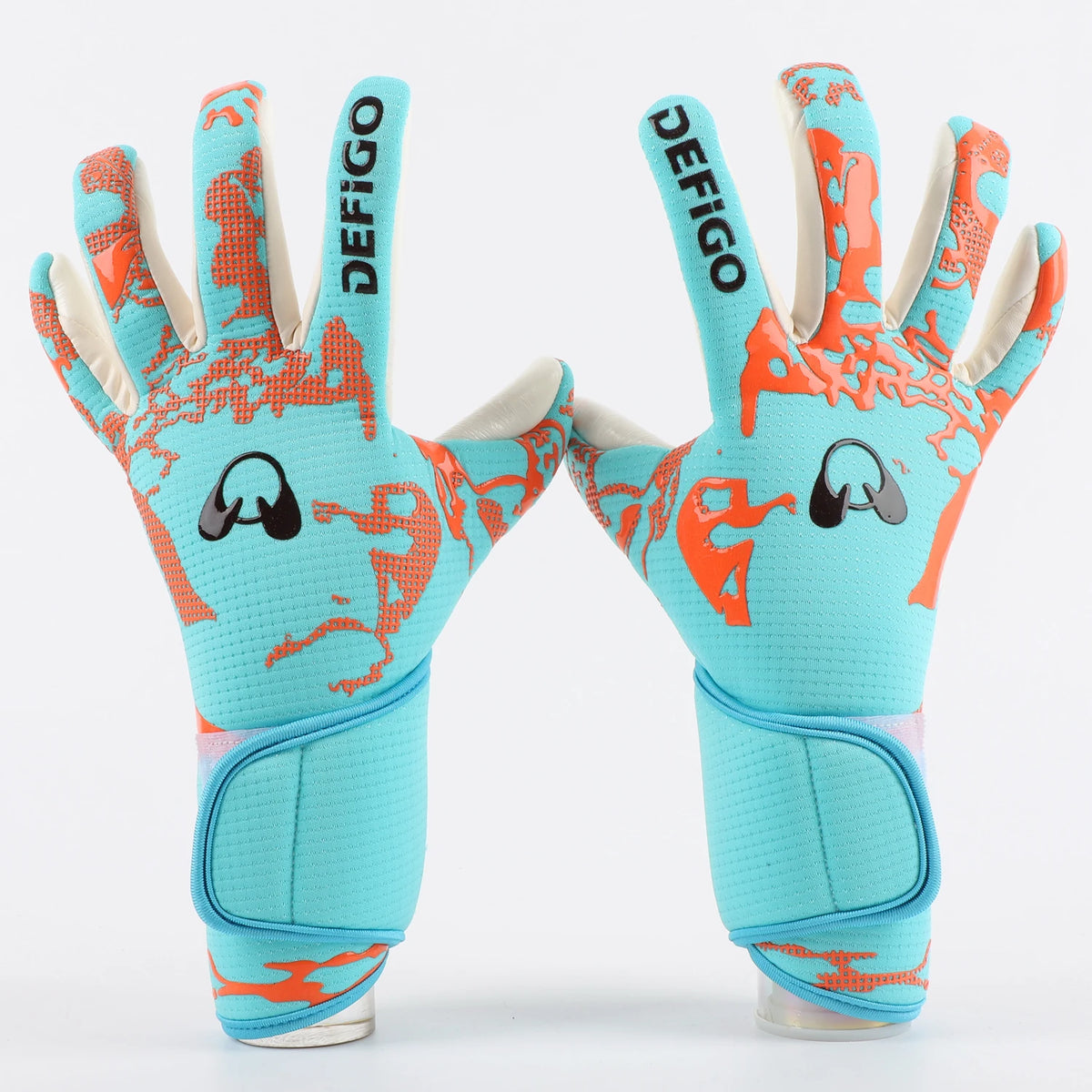 Pair of bright blue goalkeeper gloves with orange accents and Defigo branding