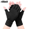 Black comfort compression hand gloves being worn on a hand.