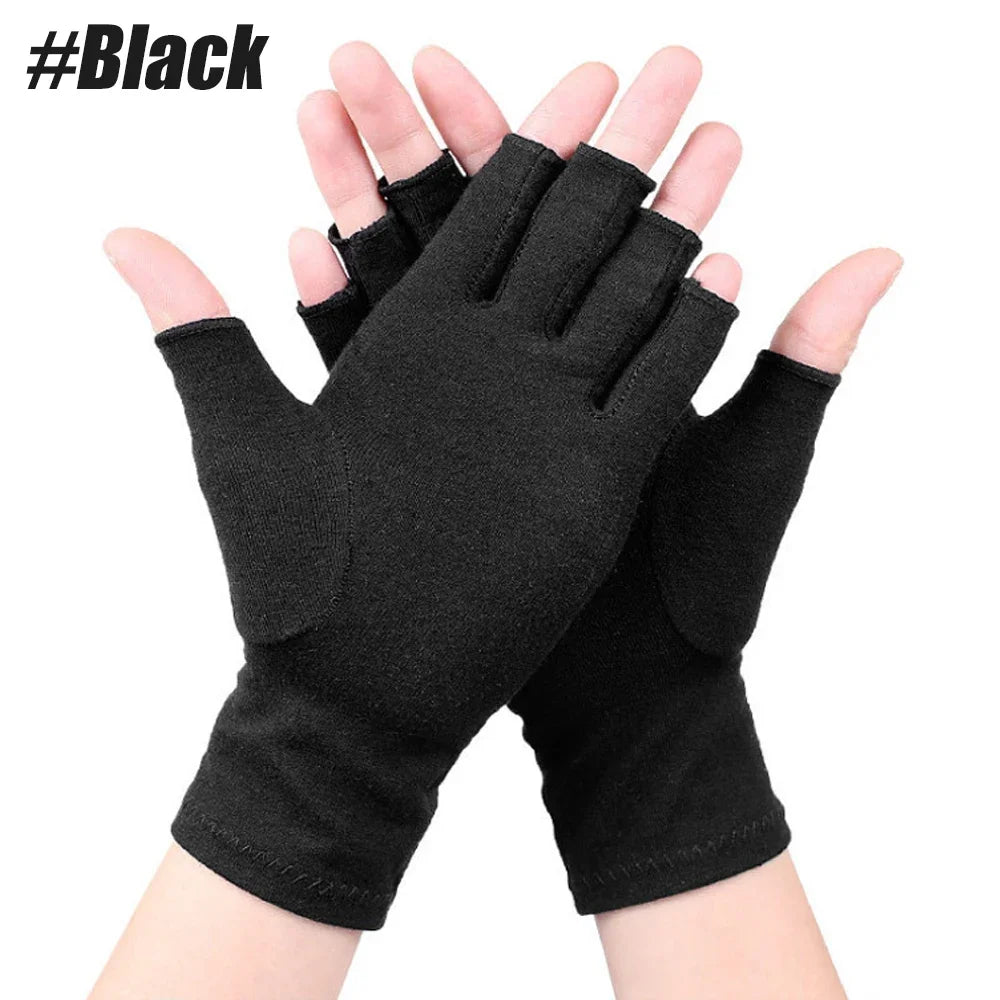 Black comfort compression hand gloves being worn on a hand.