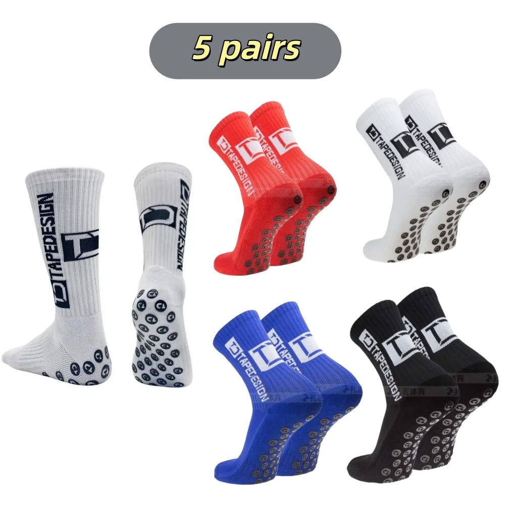 Five pairs of black, white, and red mid-calf football socks are displayed.