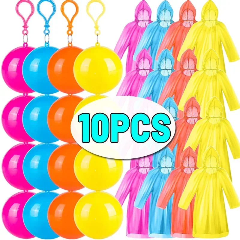 A collection of ten bright colored portable disposable rain ponchos for outdoor activities.