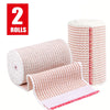 Two rolls of pink and white reusable hook and loop elastic compression wraps.