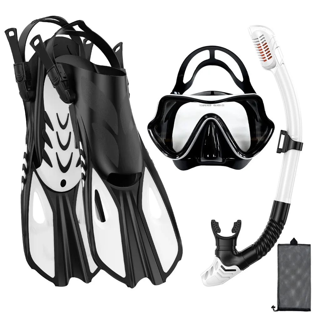Premium 3-in-1 Snorkeling Set with Panoramic Mask, Dry Snorkel, and Adjustable Fins