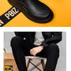 A pair of black men's anti-slip oil-resistant kitchen clogs shown in a studio setting.
