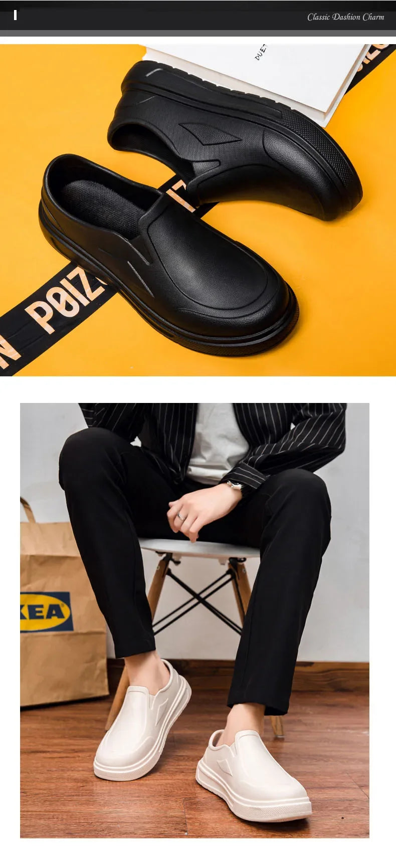 A pair of black men's anti-slip oil-resistant kitchen clogs shown in a studio setting.