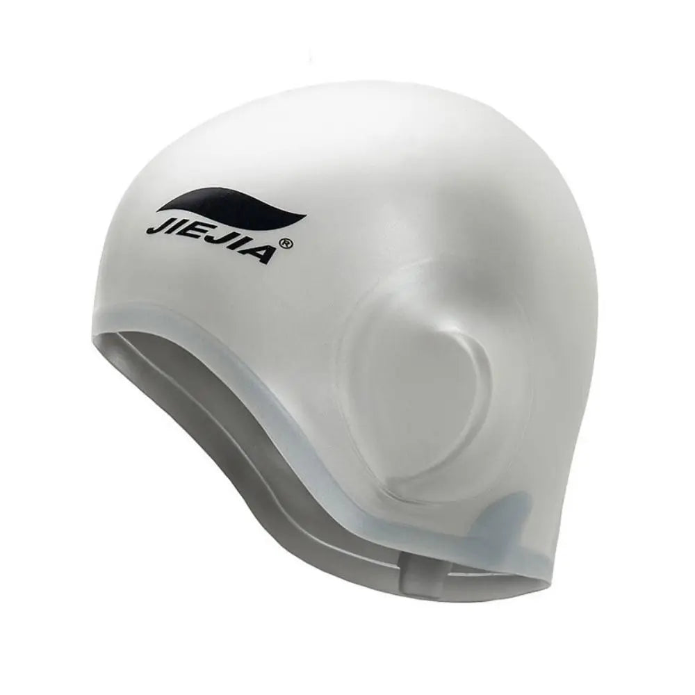 A white universal silicone swimming cap shown from the side.