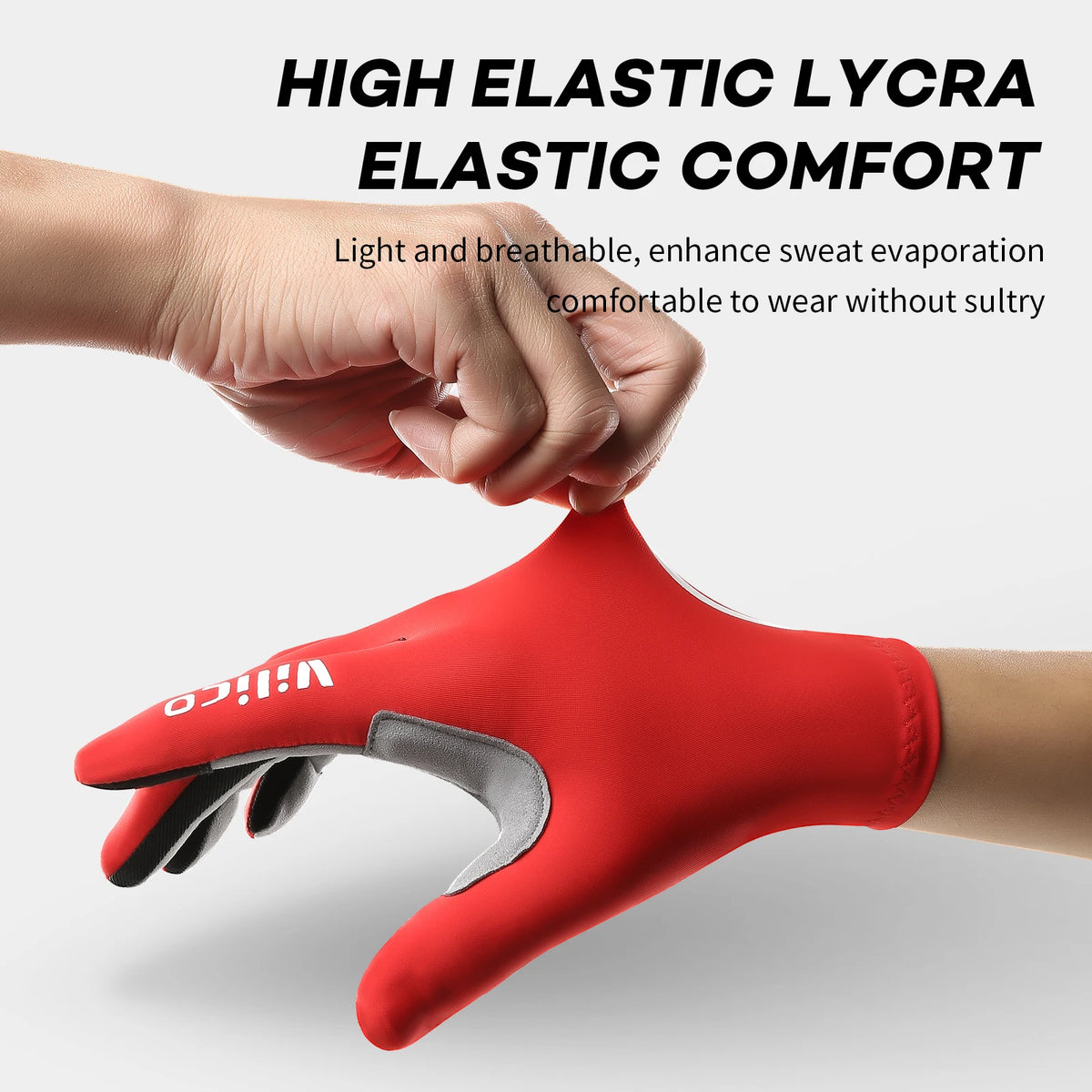 A hand is wearing a red elastic comfort glove, highlighting the high elastic Lycra material for sweat evaporation.
