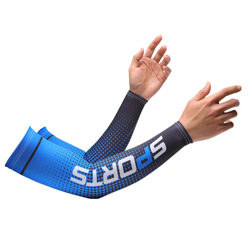 A person is wearing blue sports compression sleeves on their arm, demonstrating the fit and design.