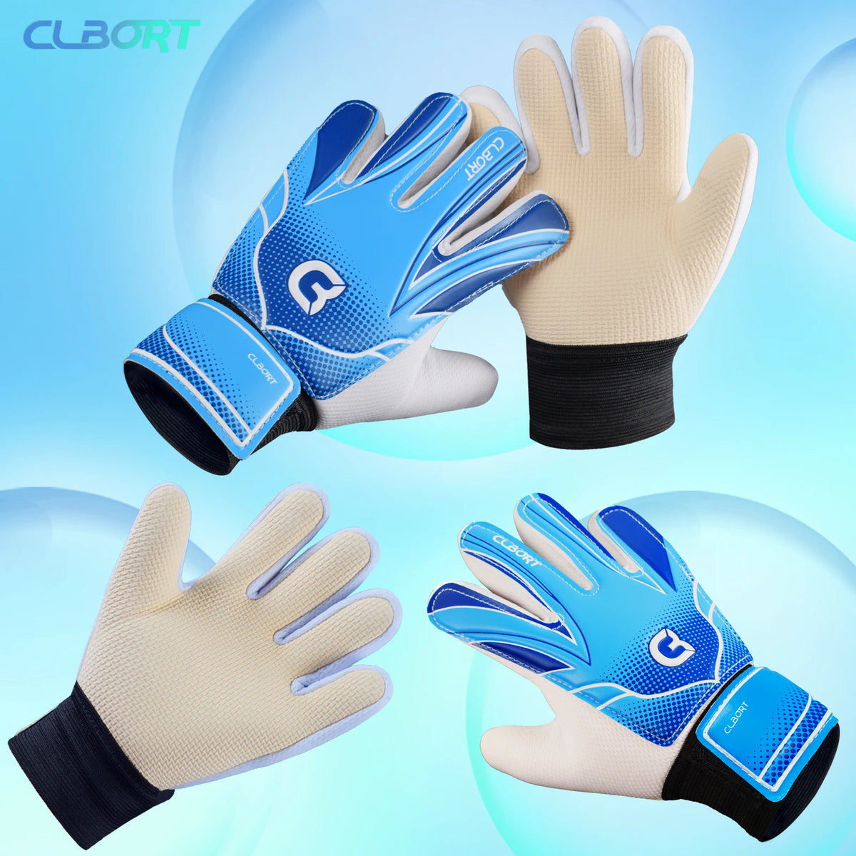 A set of blue and beige non-slip soccer goalie gloves with double wrist protection shown from various angles.