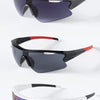 A set of three UV400 sport sunglasses in black, gray, and blue lenses with red accents.