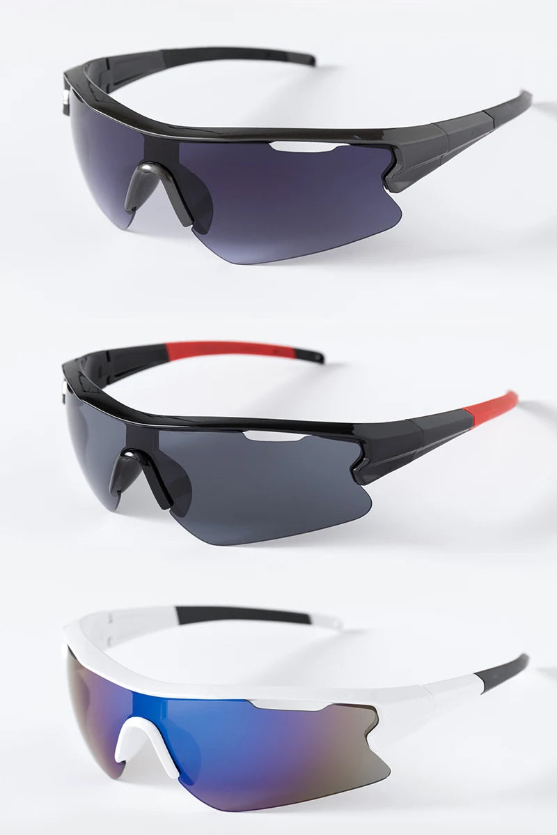 A set of three UV400 sport sunglasses in black, gray, and blue lenses with red accents.