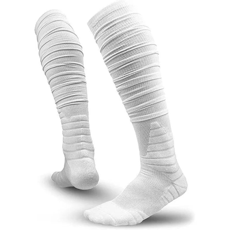 A pair of extra long white football socks for men shown in a vertical layout.