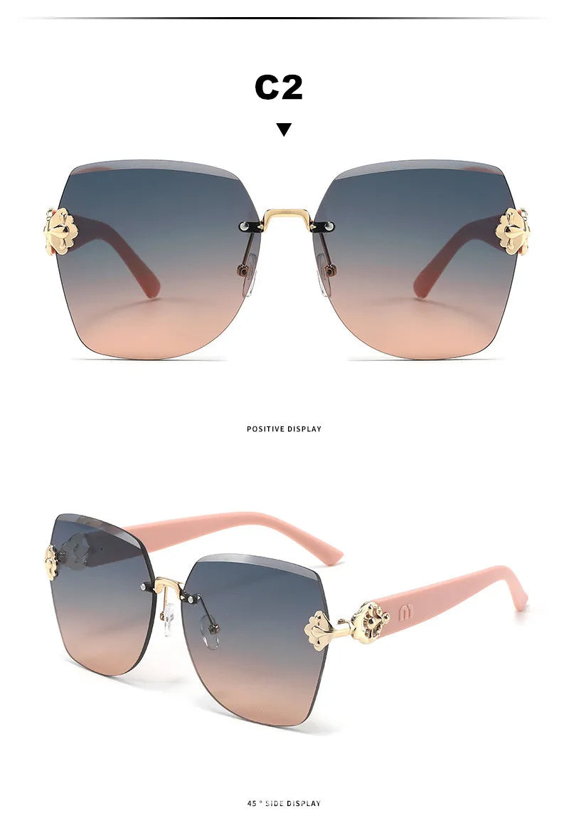 A pair of light brown framed sunglasses with gold accents shown in a studio setting.