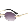 Rimless oval gradient sunglasses with gold-toned arms and dark purple lenses