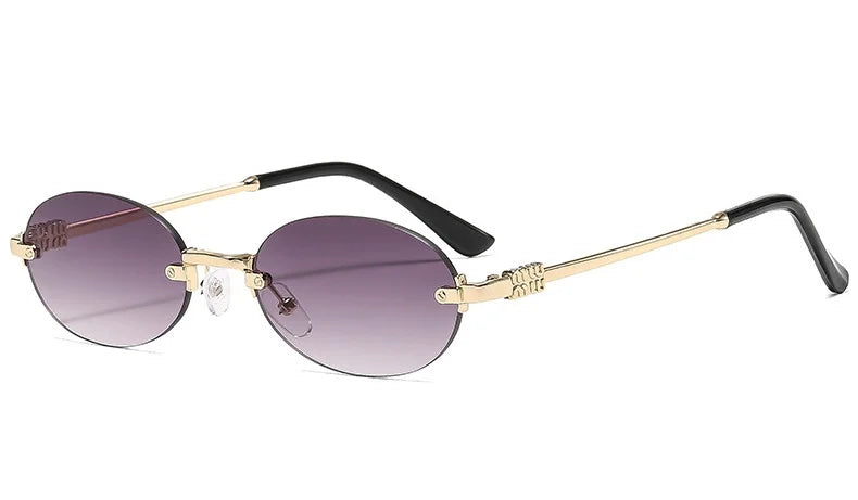 Rimless oval gradient sunglasses with gold-toned arms and dark purple lenses