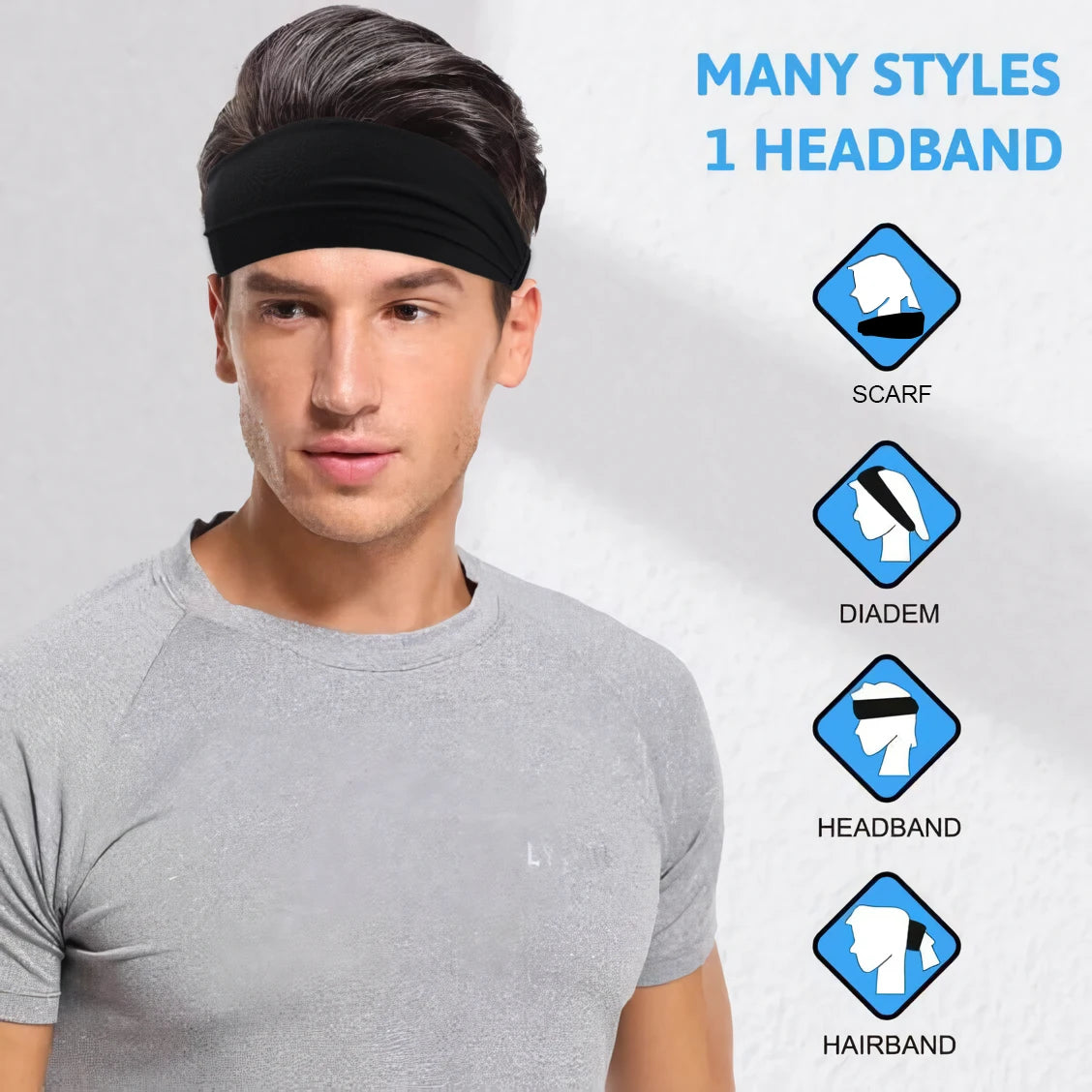 Un homme portant un bandeau noir et un t-shirt gris, avec divers styles de bandeaux.