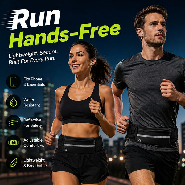 A woman and a man running, demonstrating a lightweight, secure waist pack for phone and essentials.
