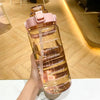 Une main tient une grande bouteille d'eau sportive avec marqueurs de temps, à couvercle rose et liquide ambré.