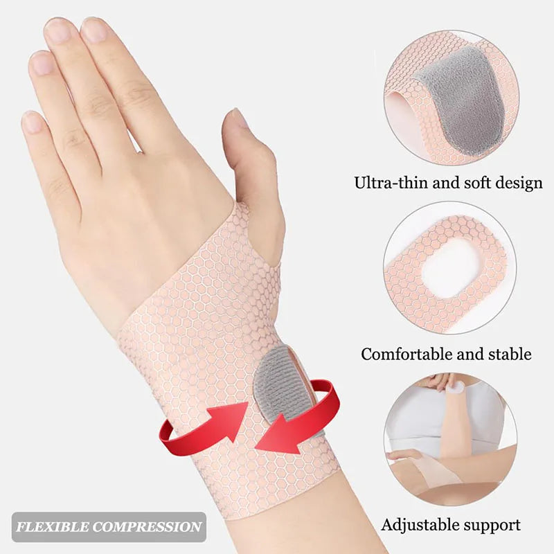 A hand wearing a pink, flexible compression wrist guard for joint support.