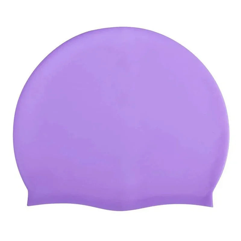 A smooth, purple waterproof silicone swim cap for adults and children.