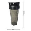 A clear plastic protein shaker bottle with a black cap and measuring lines, shown from the side.