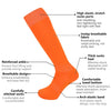 Orange bis zum Knie Sportsocken mit elastischer Stretchöffnung, atmungsaktivem Stoff und verstärkter Ferse für Stoßdämpfung.