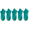 A set of five teal ankle boat socks with orange accents.