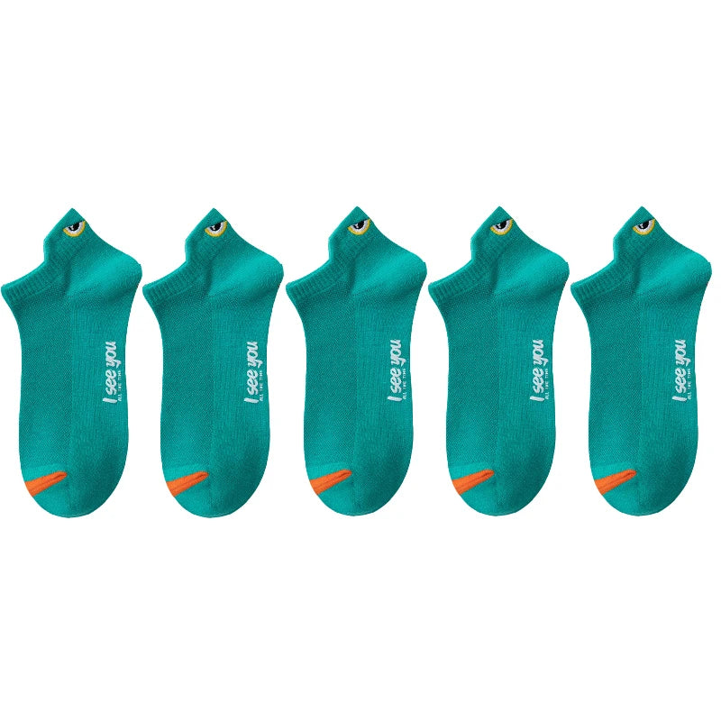 A set of five teal ankle boat socks with orange accents.