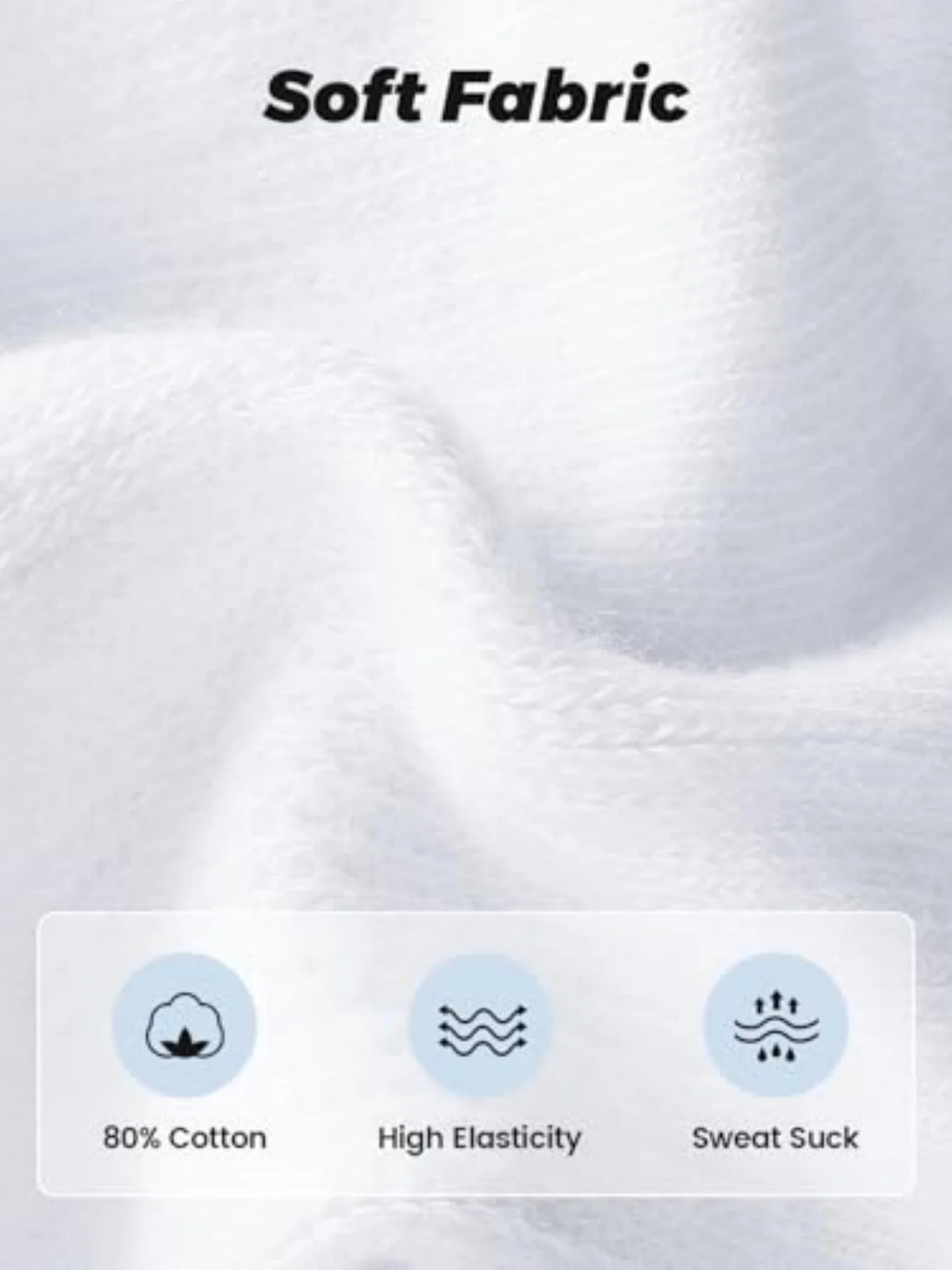 Gros plan sur un tissu blanc doux montrant des détails comme 80% de coton, une forte élasticité et des propriétés anti-transp